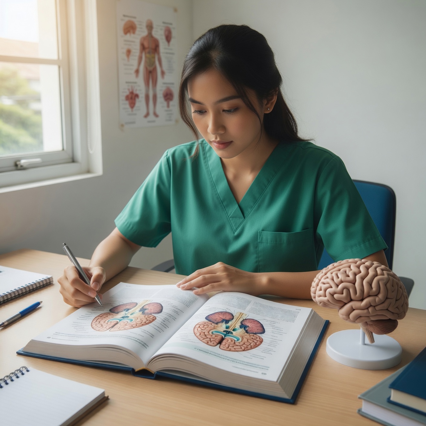 Mahasiswa kedokteran belajar dengan buku dan model anatomi