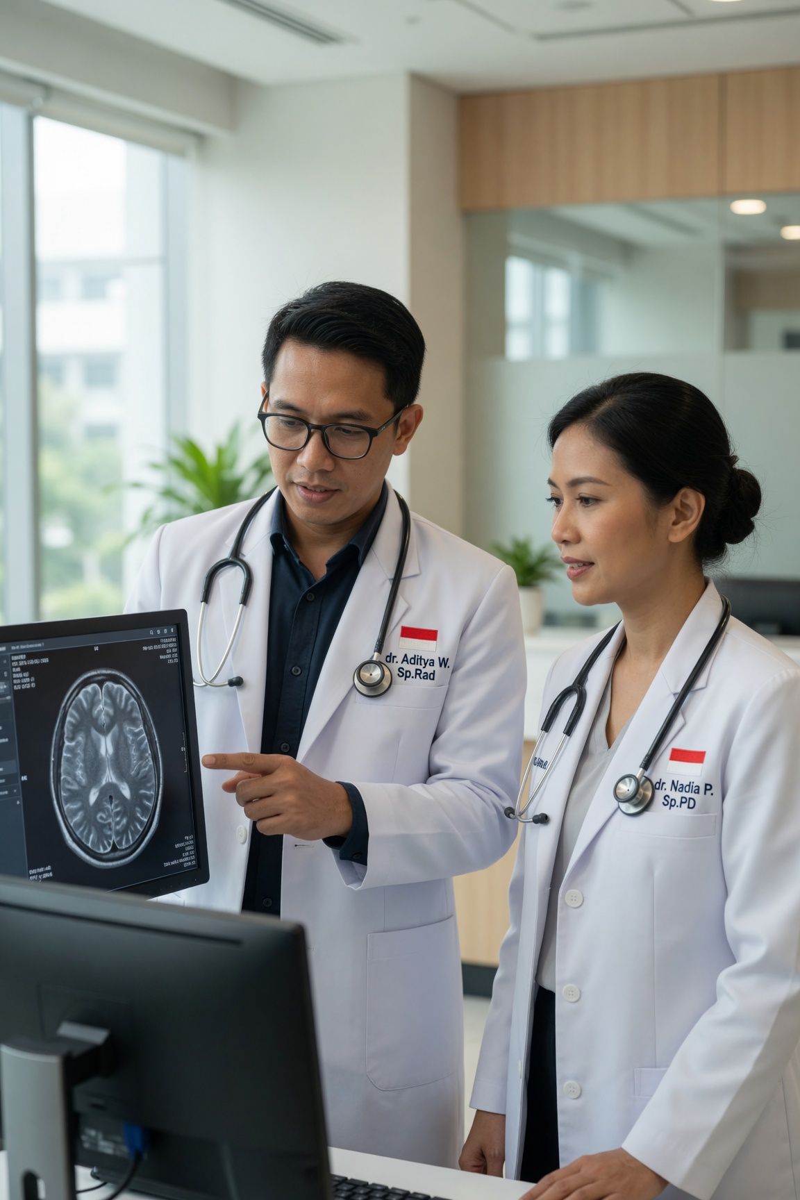 Dua dokter berdiskusi membahas hasil pemeriksaan